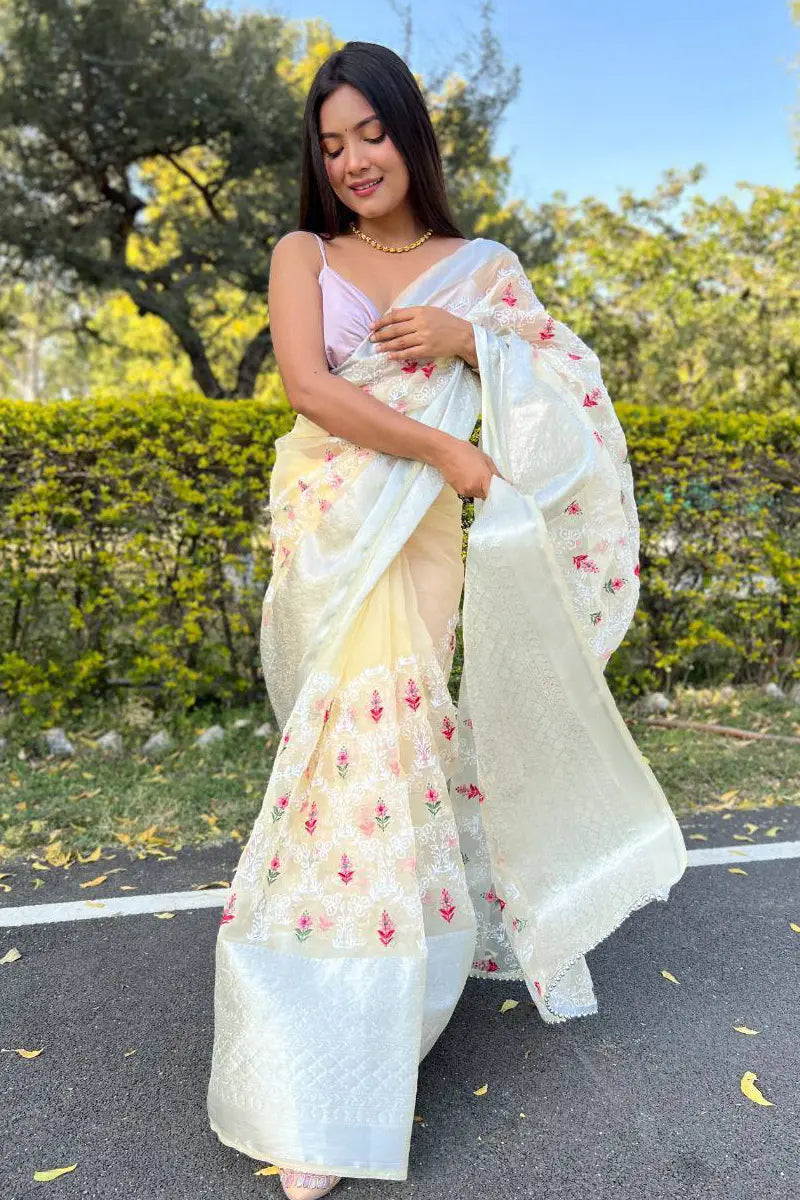 yellow organza saree