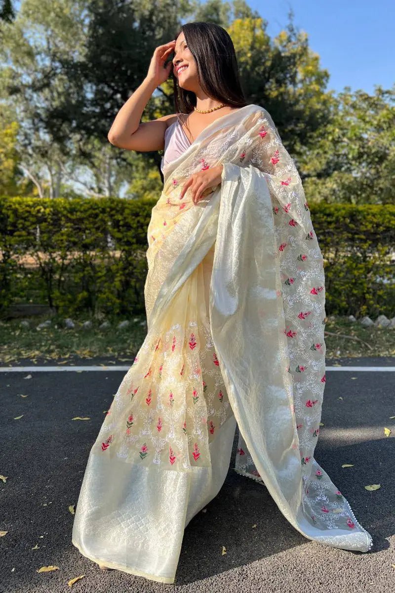 yellow organza saree