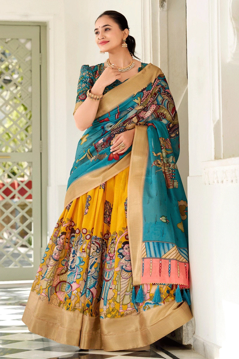 yellow and sky blue half saree