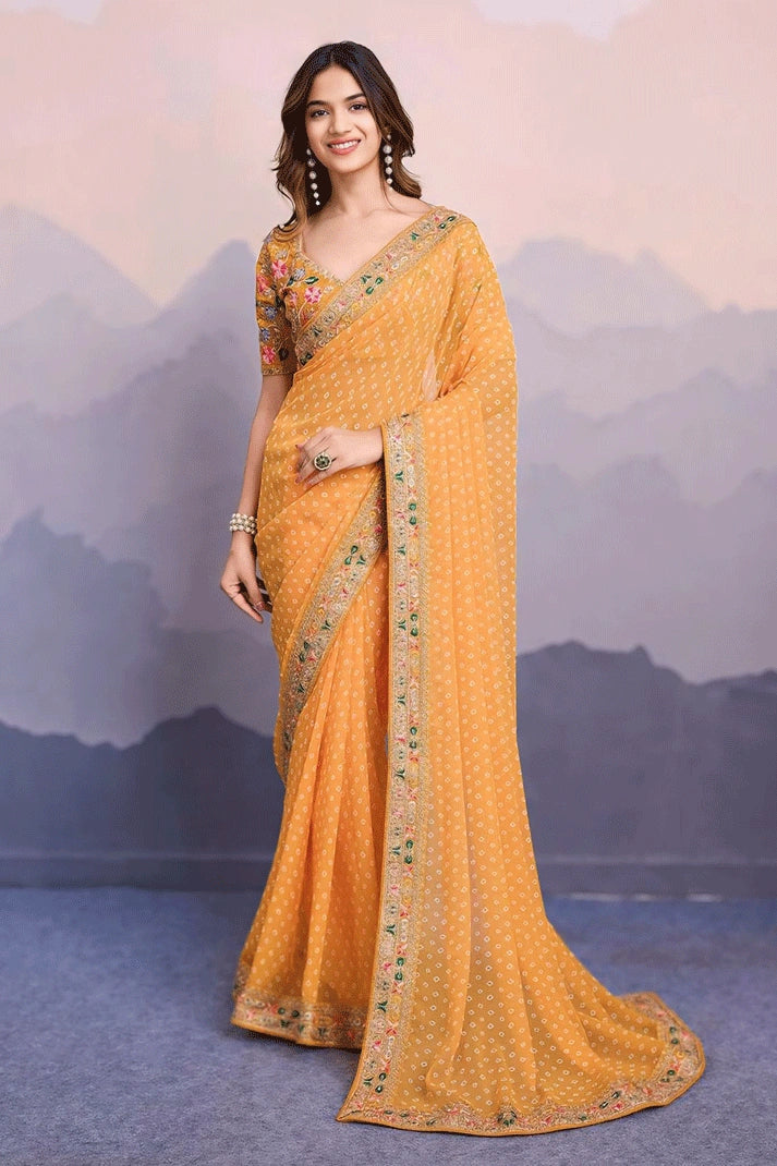 yellow bandhani saree for haldi