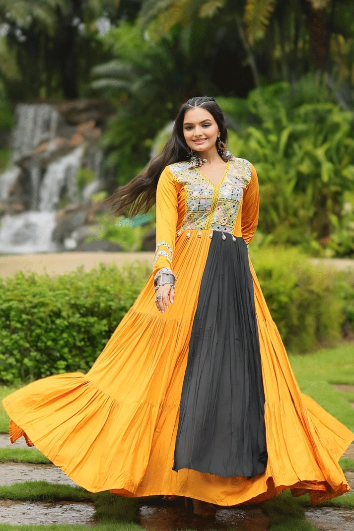 yellow black combination long gown 