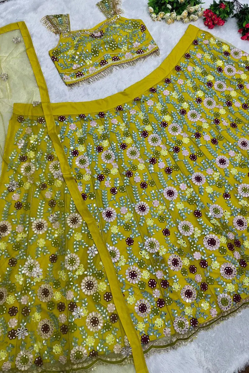 yellow flower designer lehenga for wedding