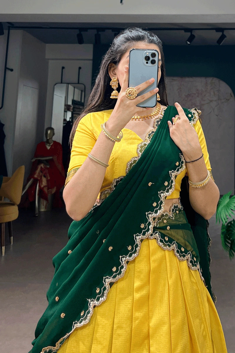 stylish yellow color pattu pavadai half saree