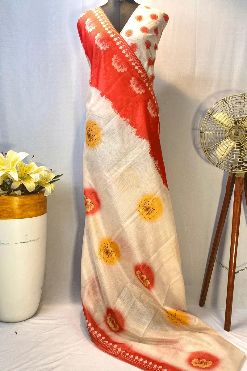 yellow red gota design white saree