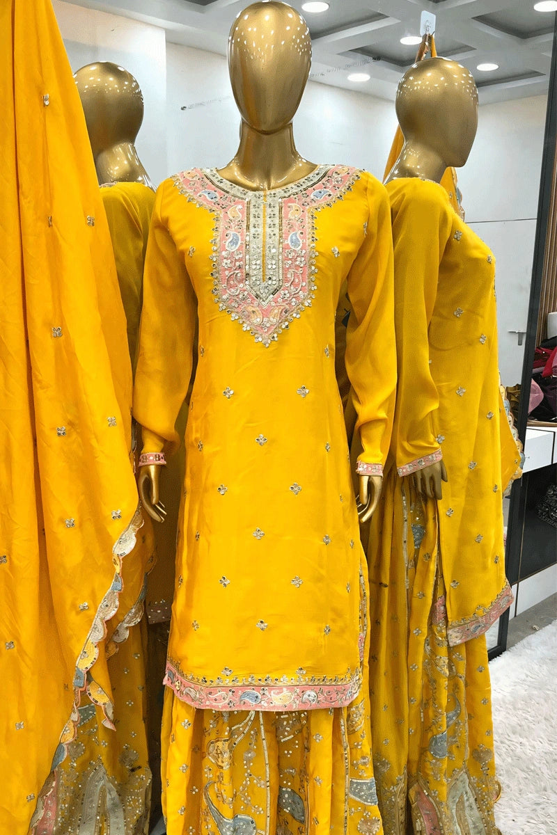 yellow sharara suit for haldi wedding 