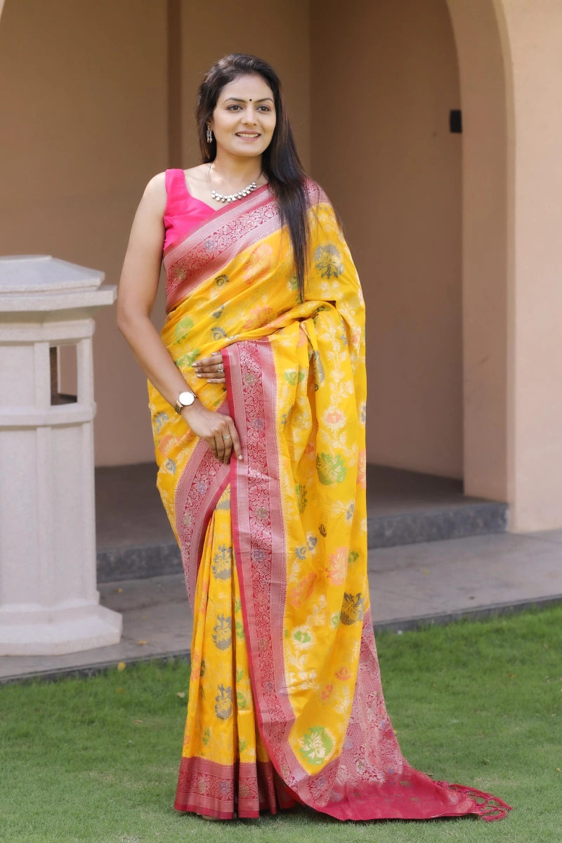 yellow silk saree for wedding guest