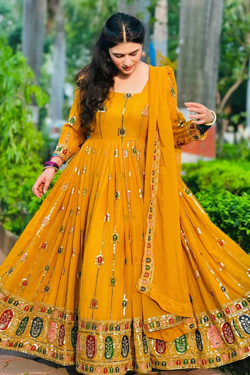 Traditional Yellow Anarkali Dress For Wedding