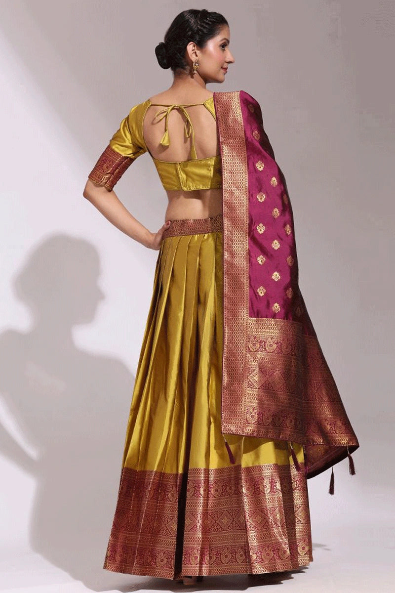 Yellow Half Saree With Maroon Dupatta