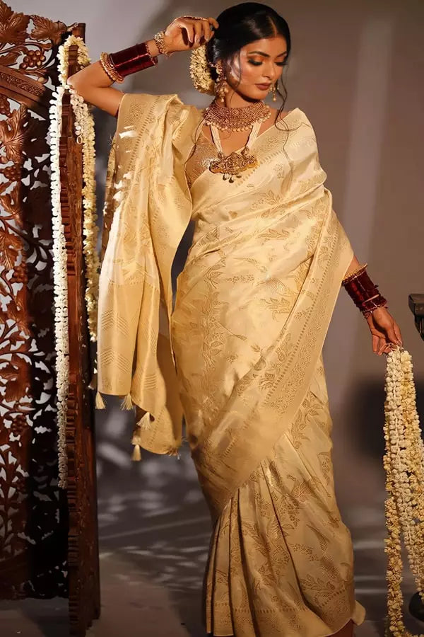 Cream and Gold Silk Saree for Wedding look 2022 - Anaya Designer Studio