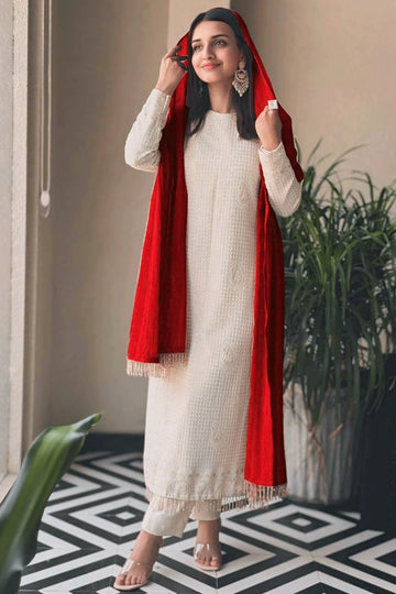 Full Pair White Dress With Red Dupatta For Durga Puja Full Pair White Dress With Red Dupatta For Durga Puja