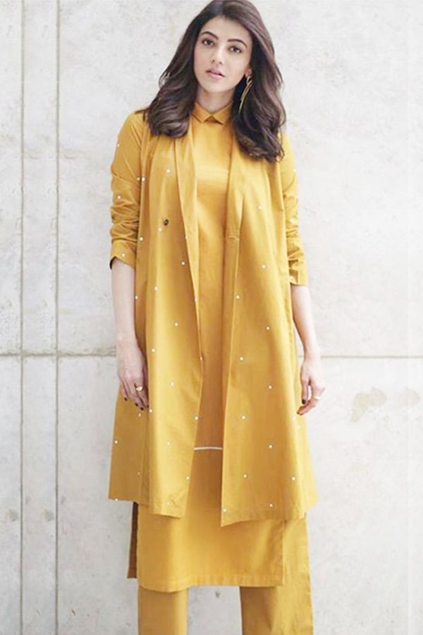 Kajal aggarwal in yellow dress 2021 Mustard Koti Suit