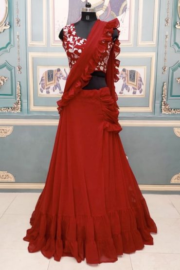 Modern lehenga style saree draping Maroon 2021