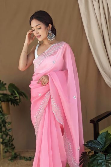 Organza silk sarees with Embroidery Pink