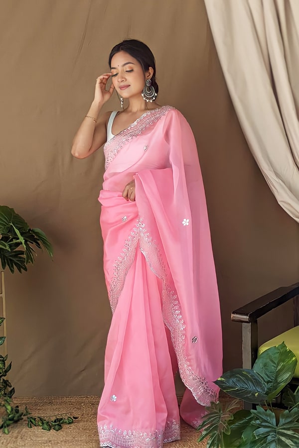 Organza silk sarees with Embroidery Pink