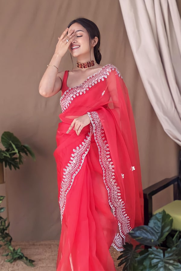 Organza silk sarees with Embroidery Red
