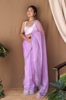 Organza silk sarees with embroidery Price Purple