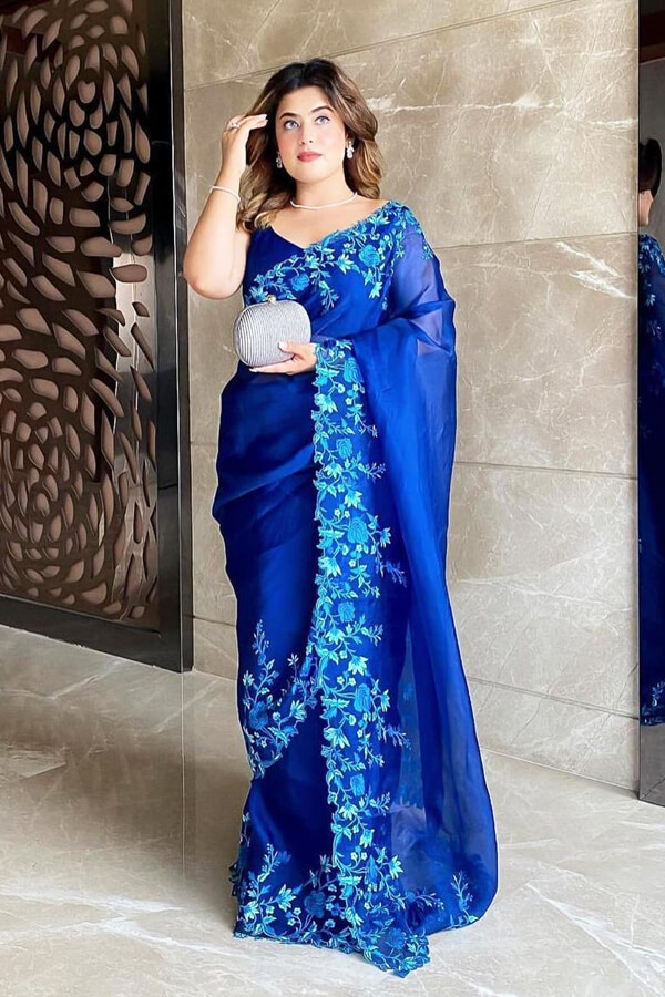 Royal blue pure organza silk Saree 2021