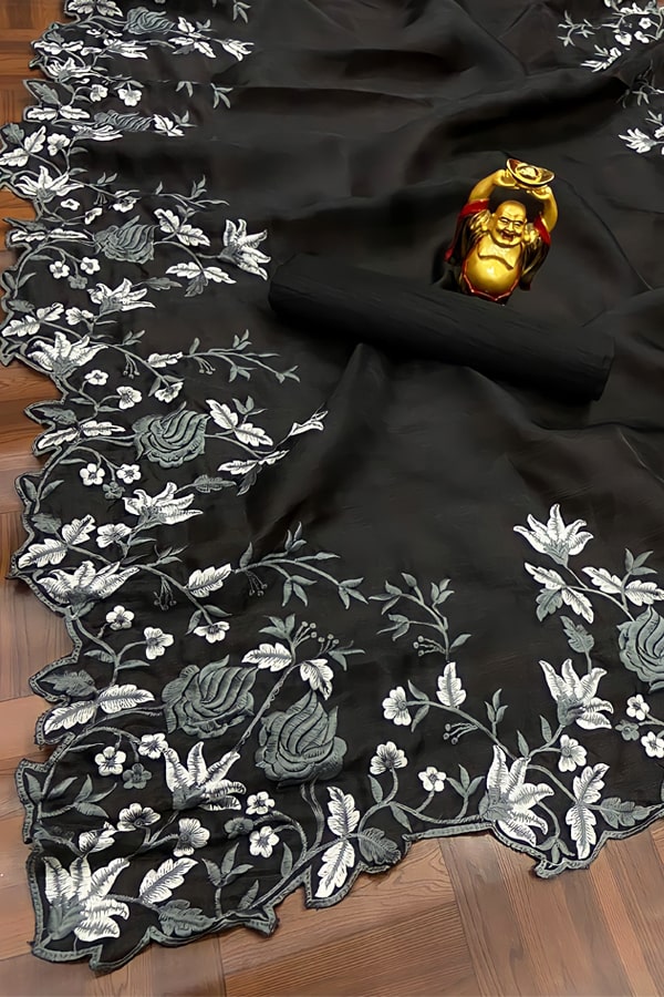 Floral Embroidered organza saree black.