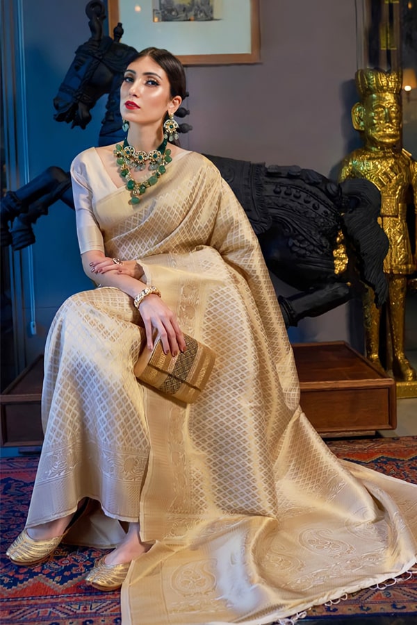 Handmade ivory bridal saree/indian wedding outfits/sarees/luxury saree/hand  embr | Design By Shivani
