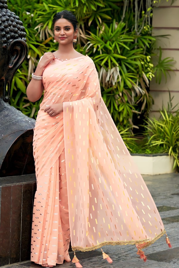 Party wear saree for unmarried girl 2021 peach colour