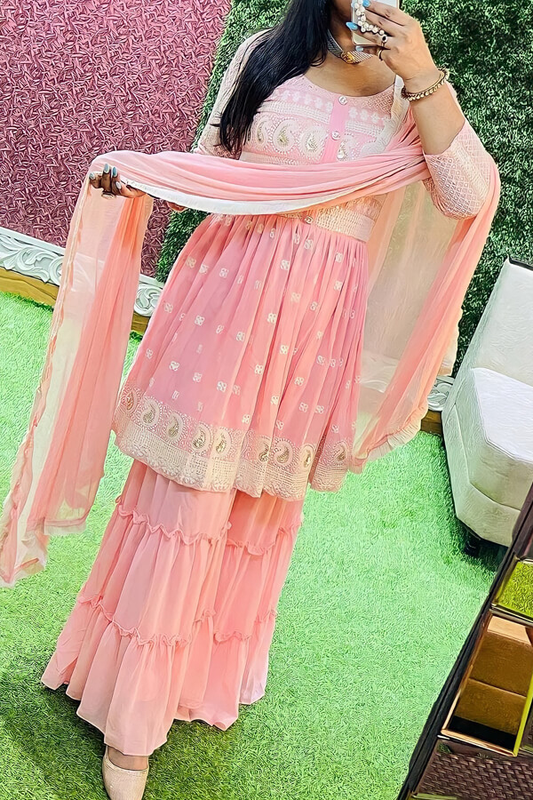 Party Wear Embroidered Baby Pink Latest Sharara Suit Design 2021-gemektower.com.vn