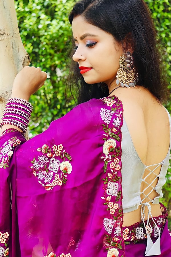 Saraswati puja saree look purple latest