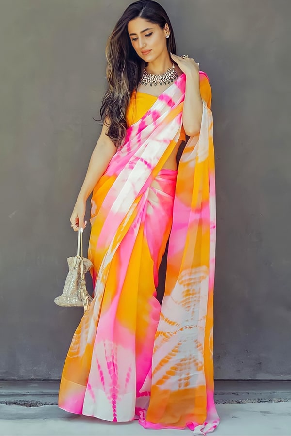 Latest Attractive Satin Saree with Printed Blouse piece