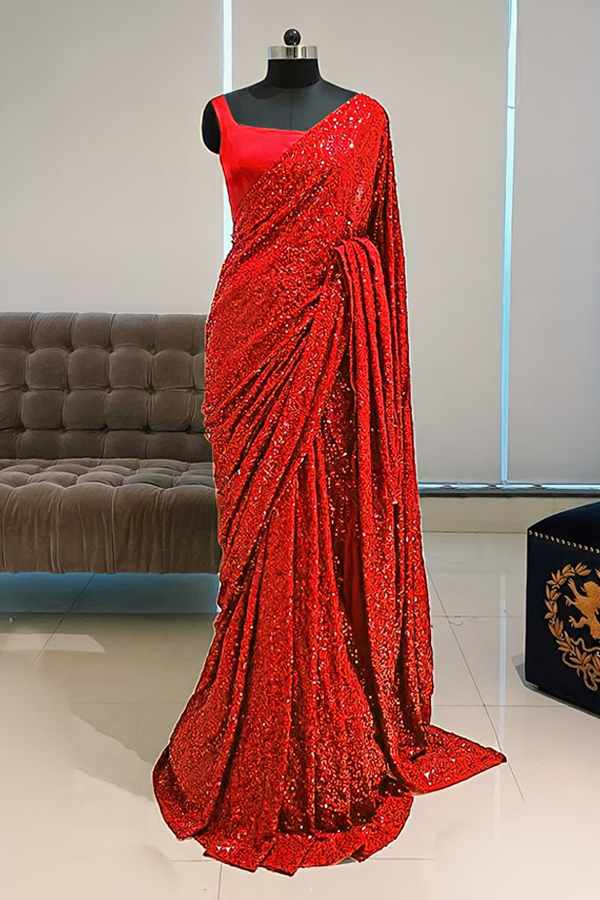 Georgette sequence Bollywood saree red