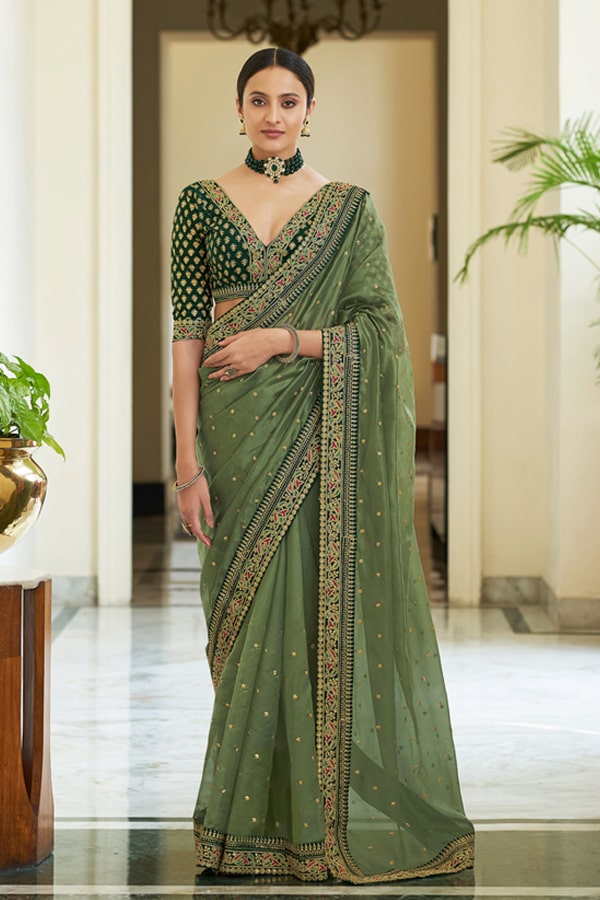 Designer sarees for Wedding Party online olive