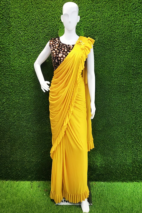 Captivating Yellow Ready-Pleated Saree with Stitched Blouse - Effortle