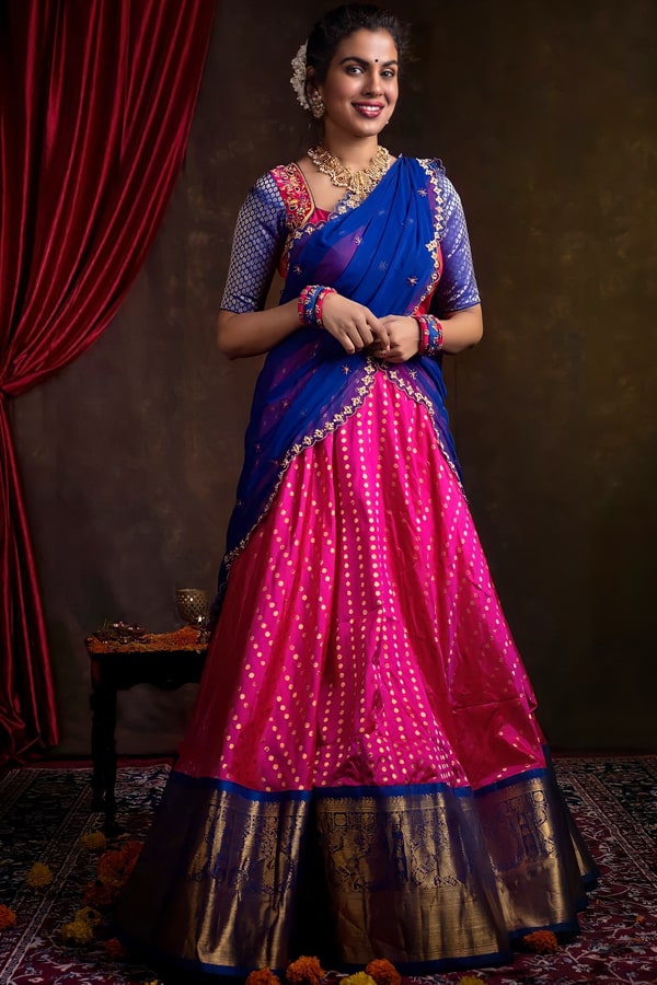 Buy A M ACCESSORIES Women's Kanjivaram Silk Traditional Lehenga Choli,  Unstitched Lehenga Choli, Half Saree | Blue Red | at Amazon.in