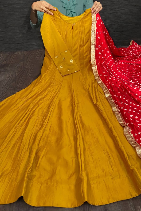 Best Yellow Color Chinon Fabric Gown With Bandhani Duppatta