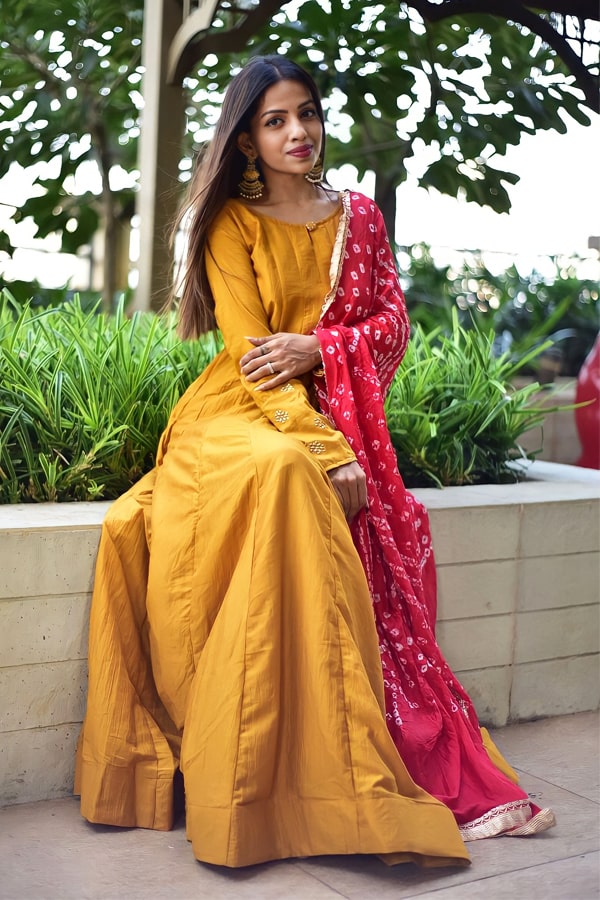 Best Yellow Color Chinon Gown With Bandhani Duppatta