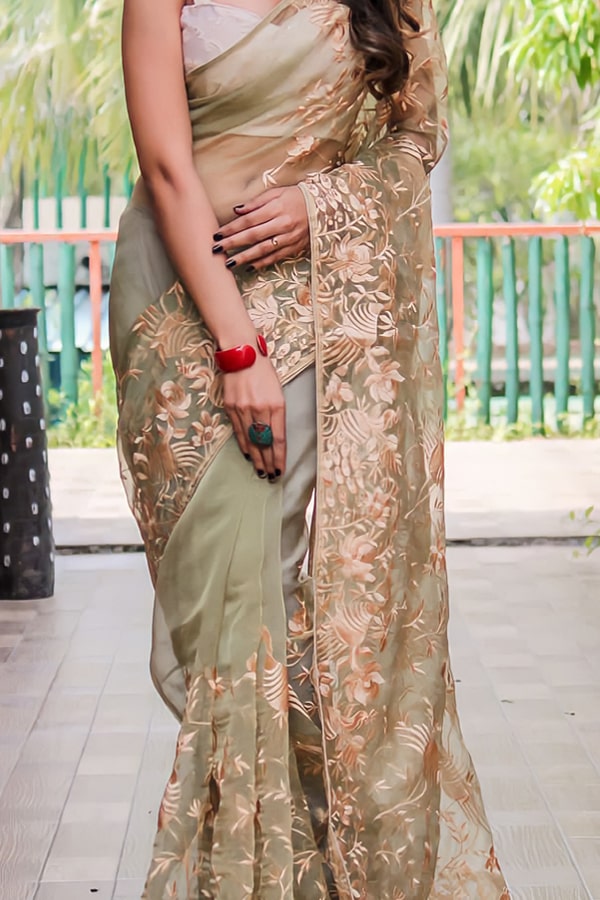 Light Green Color Pure Organza Silk Saree With Embroidery Work