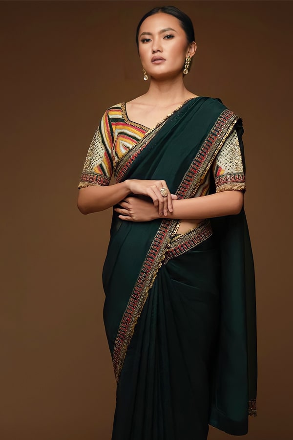 Party wear organza saree blouse designs in Mehndi Colour