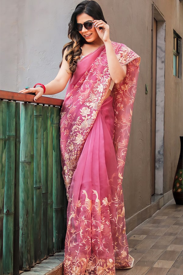 Pink Color Pure Organza Saree With Stunning Look