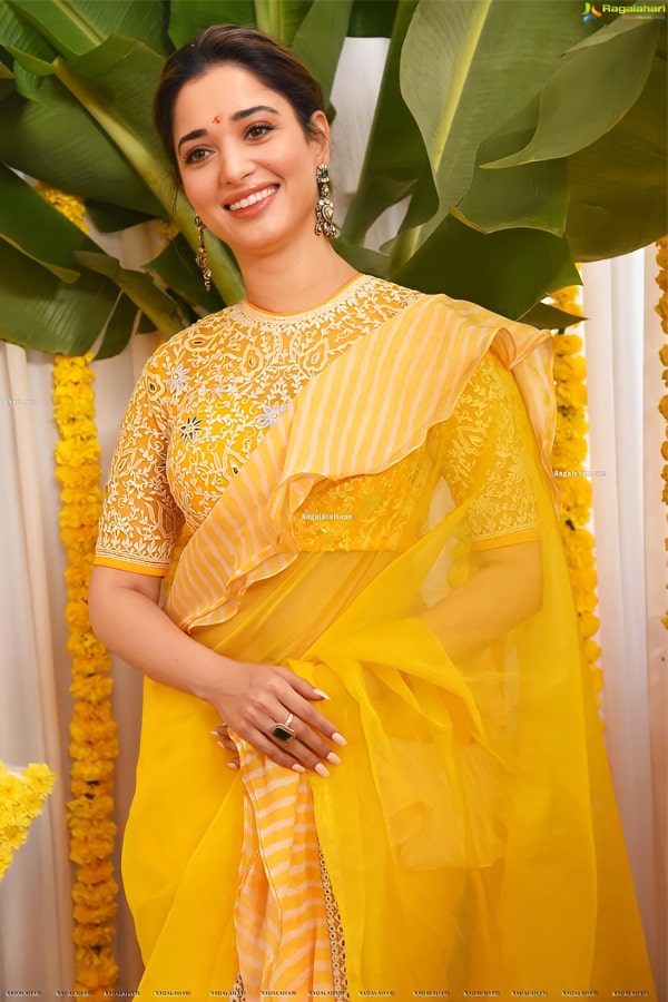 Tamanna Bhatia Yellow Color Saree