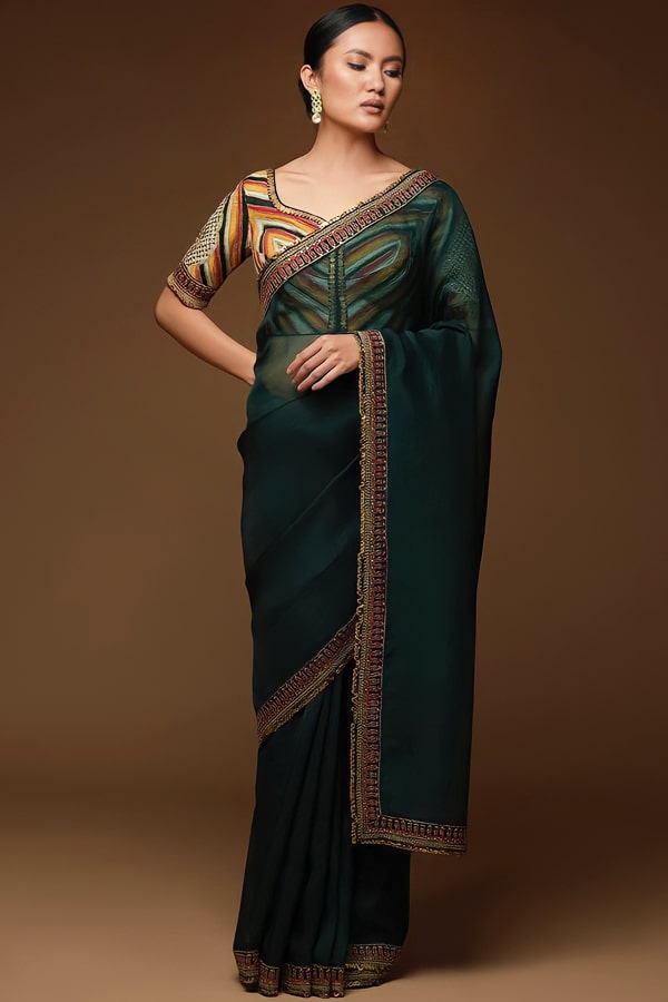 party wear organza saree blouse designs haldi for Women