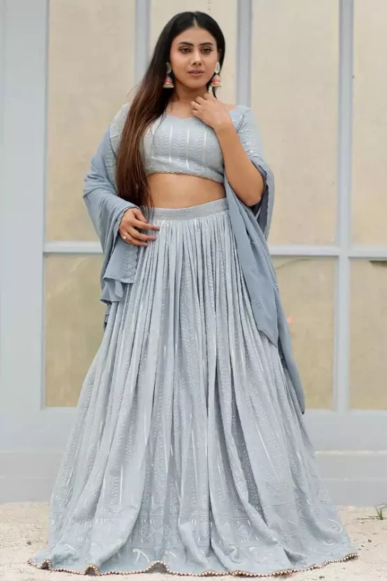 Grey Crop Top with Long Skirt Party Wear