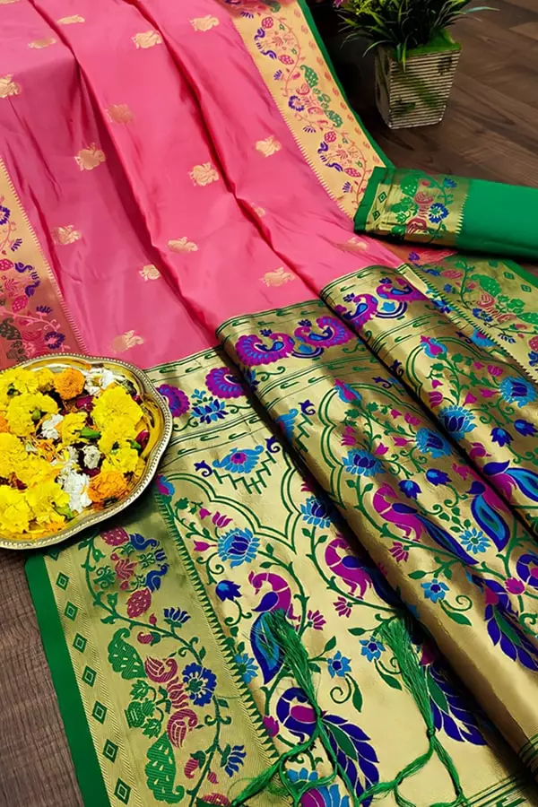 Marathi Paithai Saree With Light Pink Color Peacock Soft Weaving And Zari Work