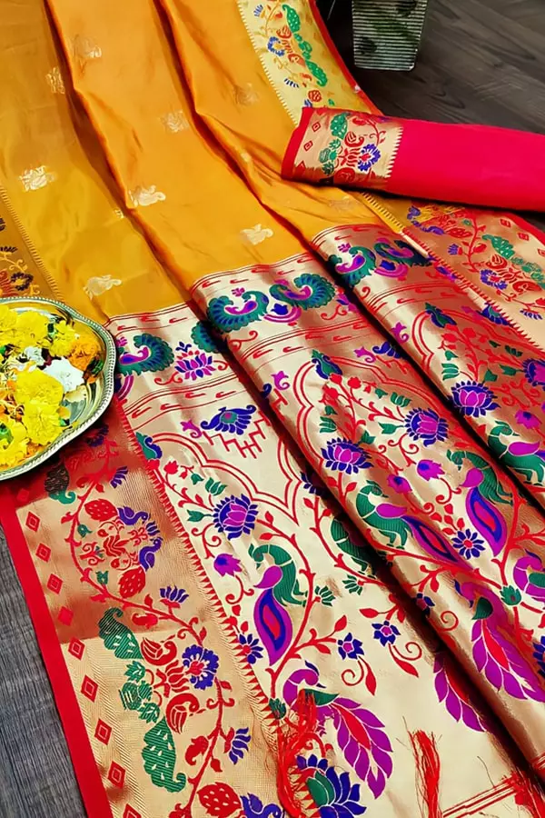 Marathi Yeola Paithai Saree With Yellow Color Peacock Soft Weaving And Zari Work