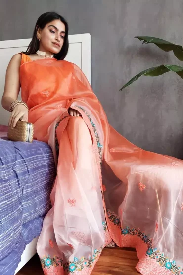 Orange Color Designer Organza Saree For Wedding