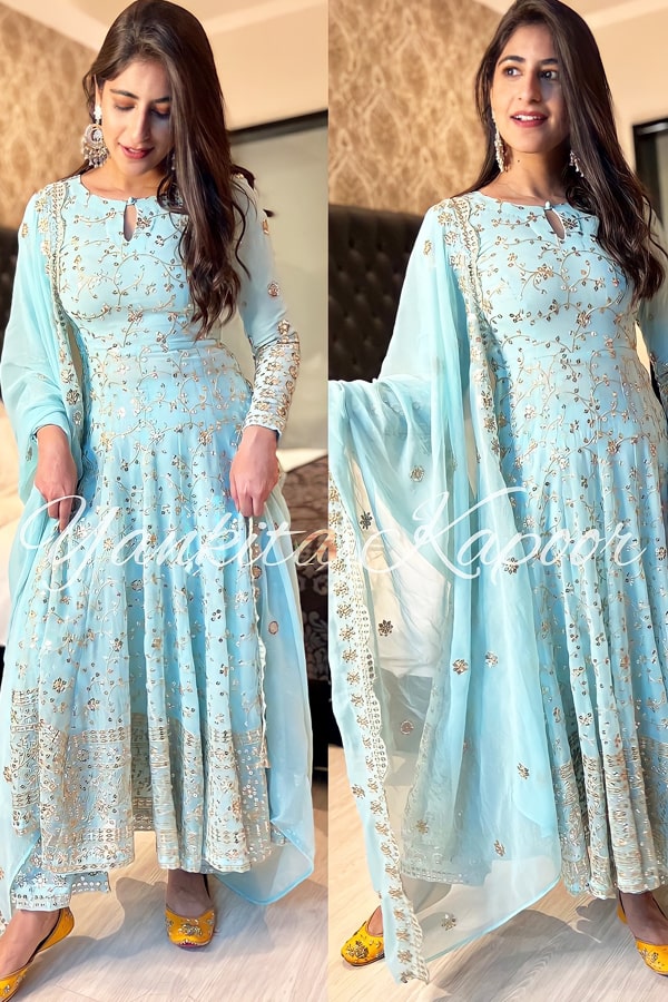 Pastel Blue Color Yankita Kapoor Dress Fox Georgette Gown For Wedding
