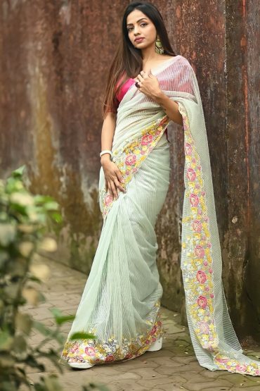 Pista Color Soft Net Saree For Wedding Reception