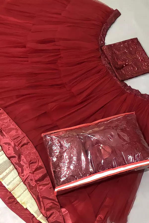 Red Color Crop Top Lehenga With Ruffle Look