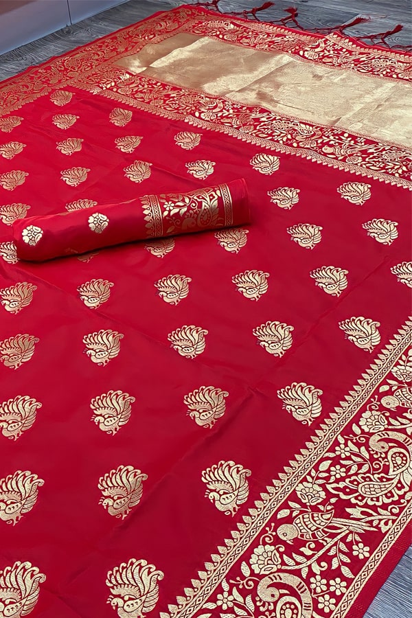 Red Saree With Soft Weaving Work