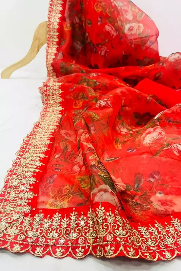 Red organza saree price in India