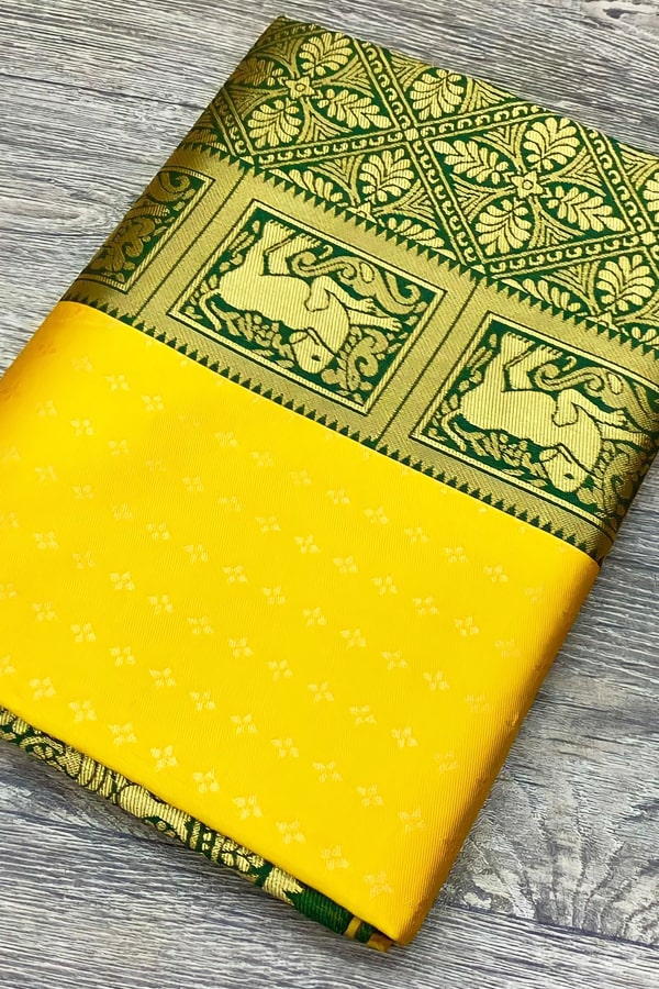 Slab Weaving Soft Royal Combination Yellow Banarasi Saree For Wedding