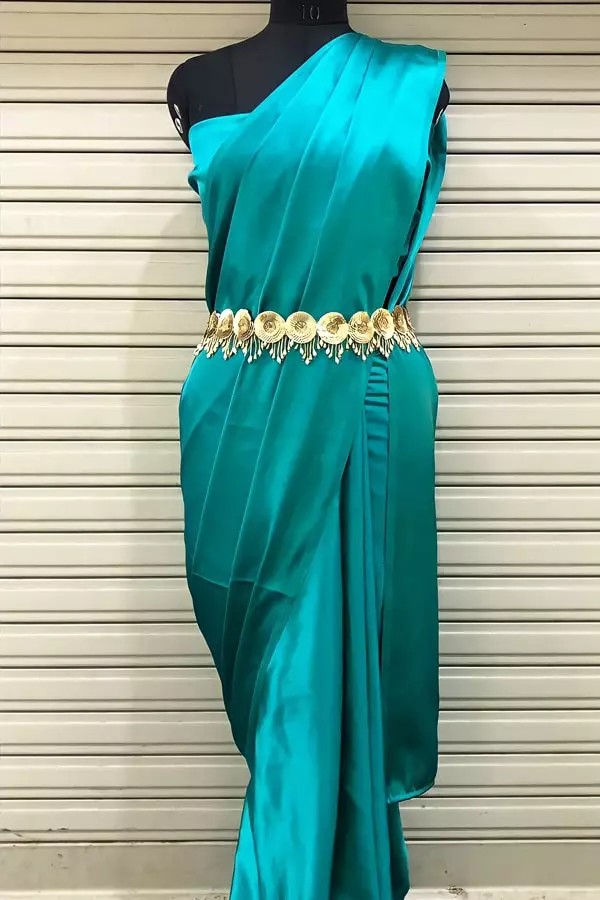 Teal Satin saree For Farewell In 2022