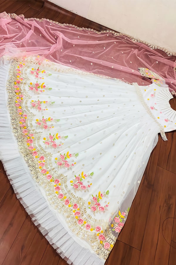 White Party Wear Gown For Girls With Embroidery Floral Work